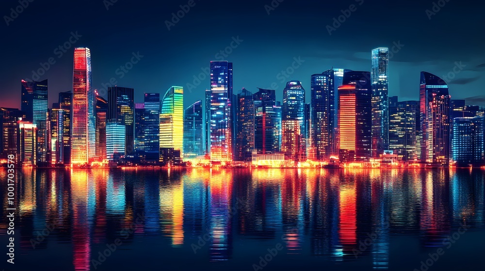 Fototapeta premium A skyline of a vibrant night city with illuminated skyscrapers reflecting on the water, creating a serene atmosphere
