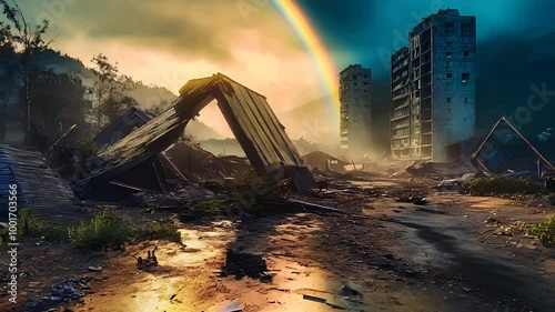 Post-apocalyptic city ruins with collapsed buildings, rainbow after storm, dramatic sunset, and devastated landscape photo