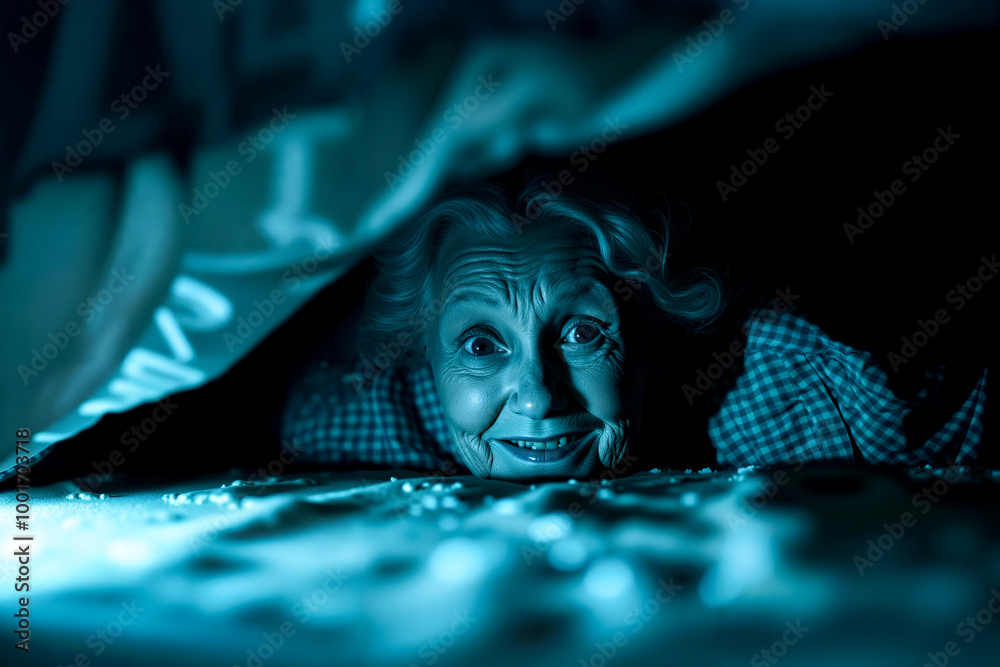 An old woman in bed under a blanket