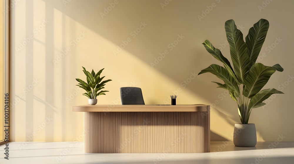 A modern office room featuring a large wooden desk, a comfortable ergonomic chair, and a potted plant in the corner, against a light solid color background A modern office room featuring a large wooden desk, a comfortable ergonomic chair, and a potted plant in the corner, against a light solid color background