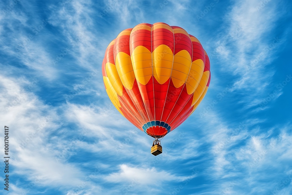 Fototapeta premium Red and yellow hot air balloon flying in a blue sky with white clouds