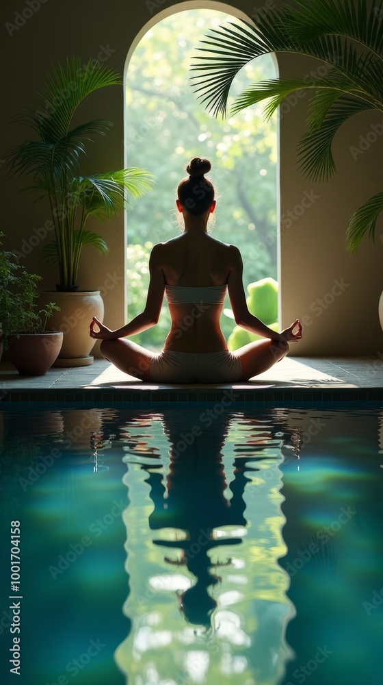 Serene Spa Setting with Meditation by Pool in Nature