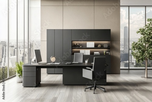 Coworking area with white tables and computers, panoramic windows