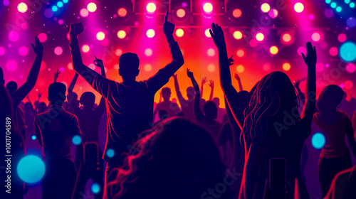 A crowd of people at a concert with their hands in the air