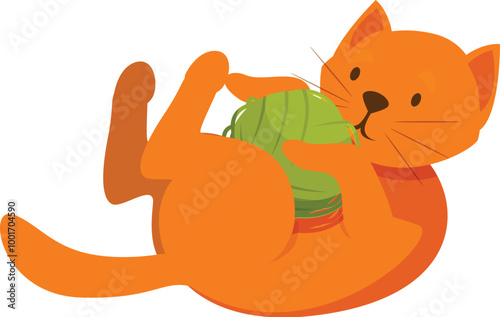 Playful ginger cat lying on its back and having fun playing with a green yarn ball
