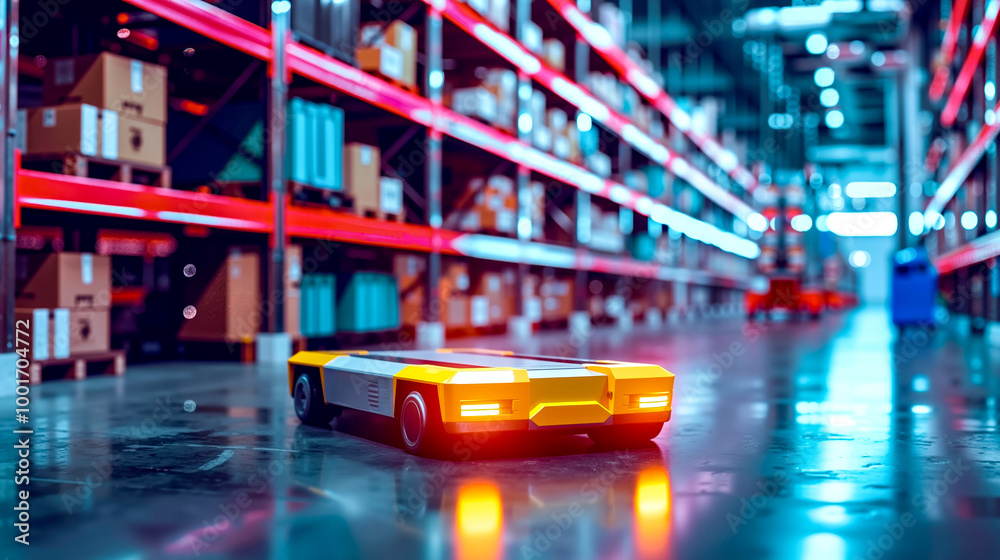 A toy car is parked in a warehouse A toy car is parked in a warehouse