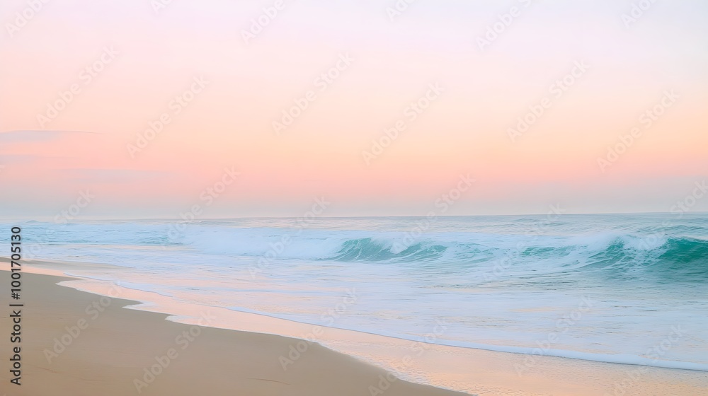 Obraz premium Tranquil beach scene at sunrise with gentle waves lapping at the shore and soft pastel colors