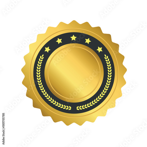 A golden badge or seal with a circular design, featuring a laurel wreath and five stars on a black inner ring. The badge has a shiny, metallic appearance, symbolizing quality and achievement.