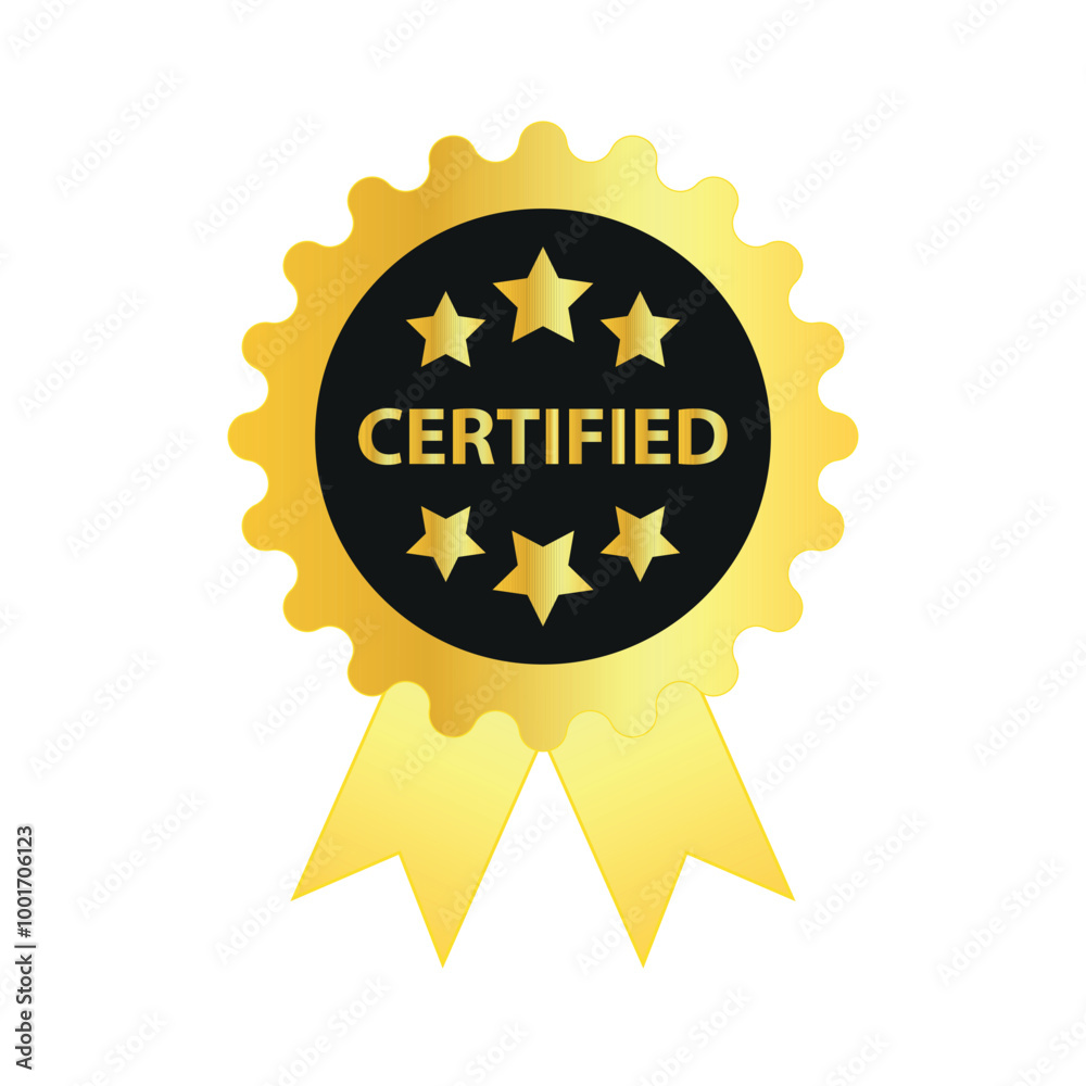 A gold certified badge with a ribbon, featuring the word A gold certified badge with a ribbon, featuring the word