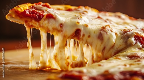 A close-up of a slice of pizza with gooey cheese stretching as it is pulled away from the whole, with a neutral solid color backdrop photo