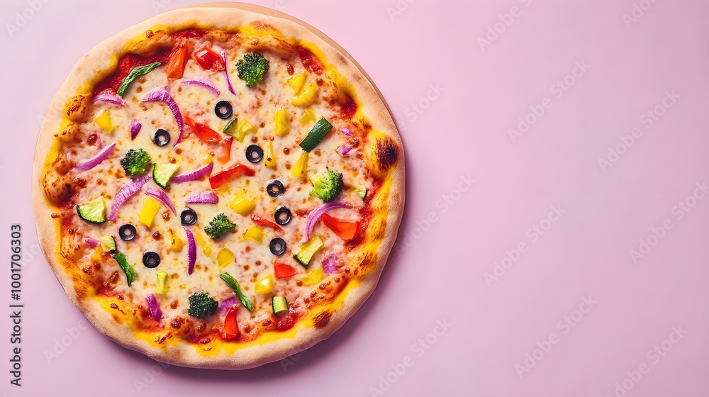 A freshly baked pizza topped with vibrant vegetables and melted cheese, displayed from a top view against a soft pastel background A freshly baked pizza topped with vibrant vegetables and melted cheese, displayed from a top view against a soft pastel background