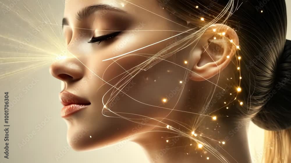 Woman's profile with glowing digital lines and particles illuminating her skin, representing cosmetology of the future