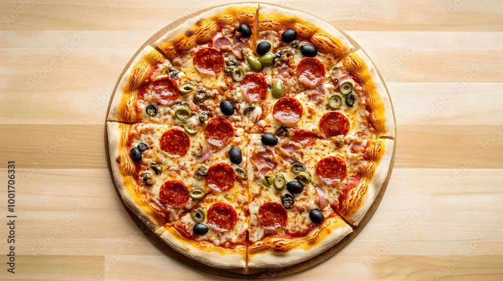 An overhead shot of a pizza with various toppings, including pepperoni and olives, set on a light-colored wooden table An overhead shot of a pizza with various toppings, including pepperoni and olives, set on a light-colored wooden table