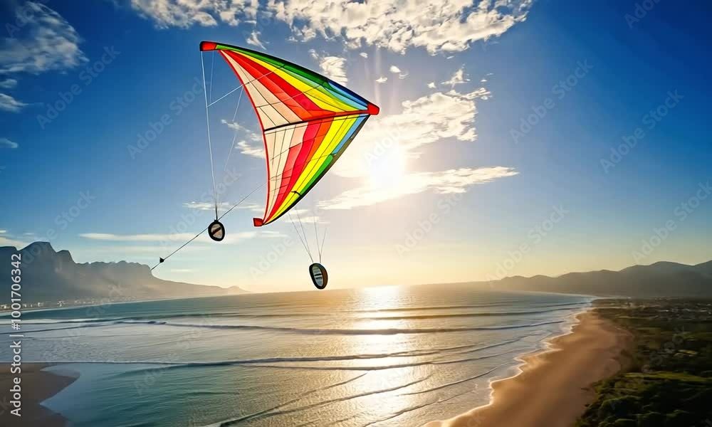 A colorful kite soaring above a serene beach at sunset.