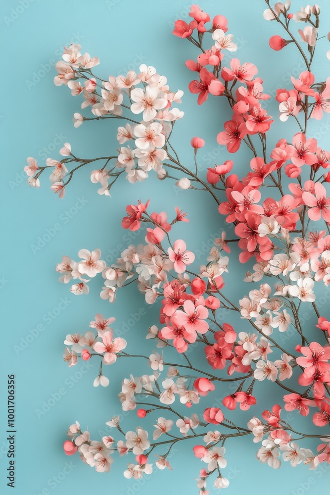 Delicate pink blossoms with soft bokeh on a turquoise background during springtime bloom Delicate pink blossoms with soft bokeh on a turquoise background during springtime bloom