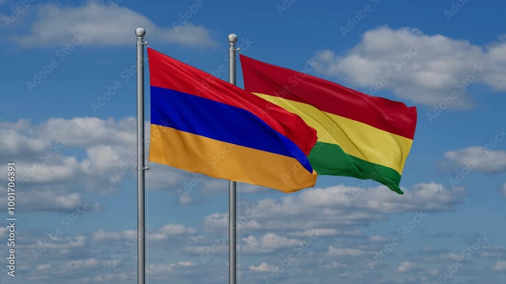 Bolivia and Armenia flags flying together, video concept of the relationship, two country relations concept Bolivia and Armenia flags flying together, video concept of the relationship, two country relations concept