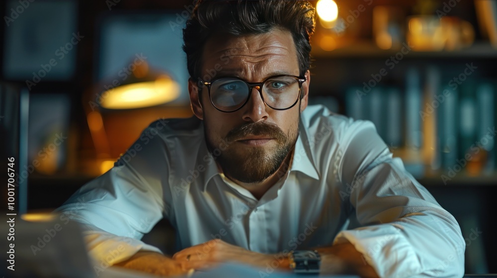 A focused office worker analyzing financial reports at a sleek office desk with a computer.