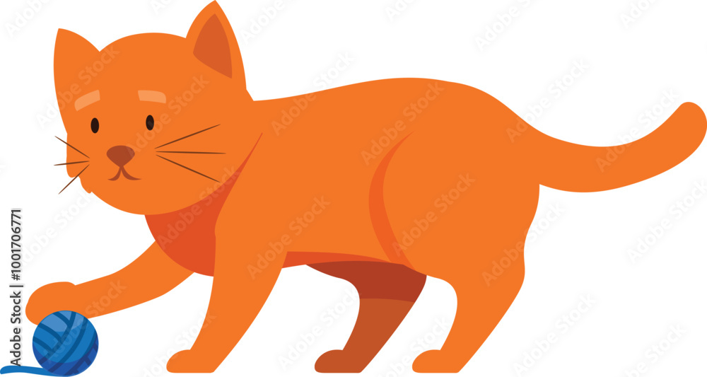 Playful ginger cat playing with a ball of blue yarn, isolated on a white background Playful ginger cat playing with a ball of blue yarn, isolated on a white background