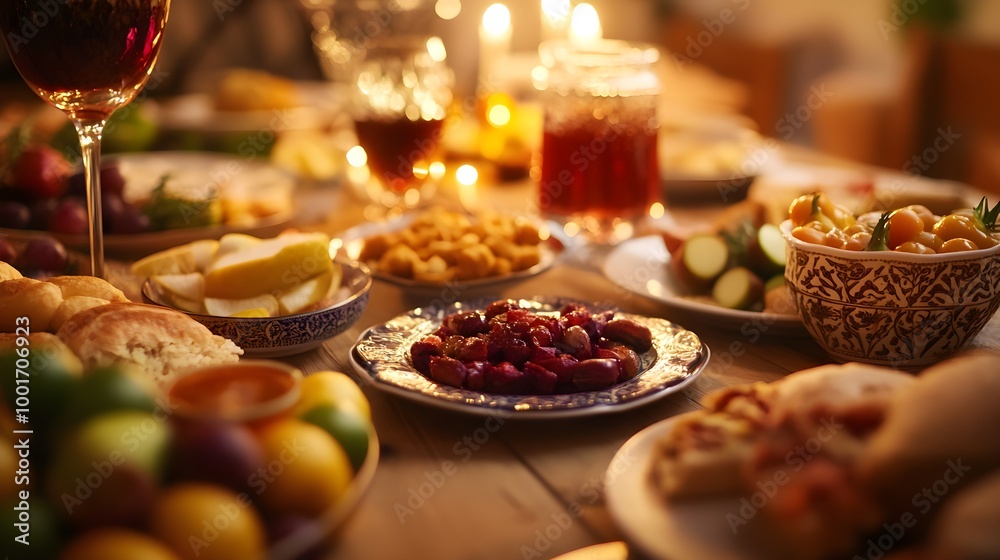 A beautifully arranged iftar table featuring a variety of traditional dishes, fruits, and beverages, with soft lighting creating a warm atmosphere A beautifully arranged iftar table featuring a variety of traditional dishes, fruits, and beverages, with soft lighting creating a warm atmosphere