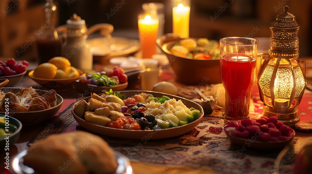 A beautifully arranged iftar table featuring a variety of traditional dishes, fruits, and beverages, with soft lighting creating a warm atmosphere A beautifully arranged iftar table featuring a variety of traditional dishes, fruits, and beverages, with soft lighting creating a warm atmosphere
