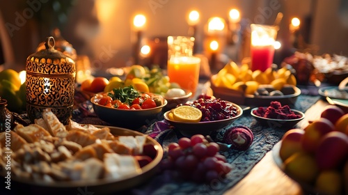 A beautifully arranged iftar table featuring a variety of traditional dishes, fruits, and beverages, with soft lighting creating a warm atmosphere