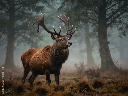 Majestic red deer stag in morning mist during rutting season.