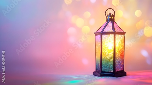 A glowing lantern adorned with colorful glass panels, illuminating its surroundings against a pastel backdrop