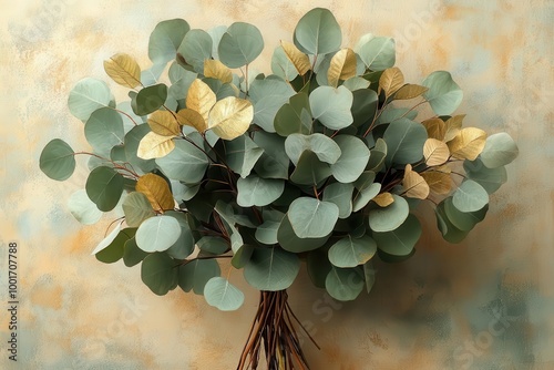 a beautifully illustrated bouquet features delicate green and golden eucalyptus leaves capturing the essence of elegance and nature perfect for a weddingthemed artwork photo