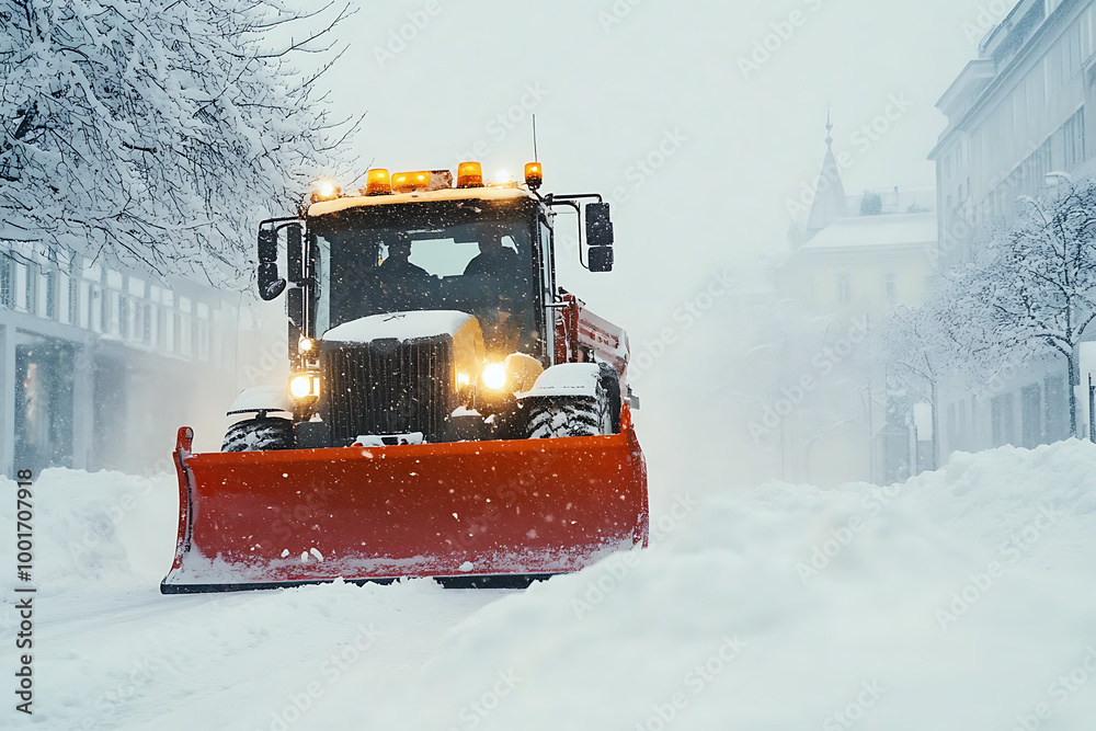 A snow plow clearing the streets, showcasing winter road maintenance and efficient snow removal. A snow plow clearing the streets, showcasing winter road maintenance and efficient snow removal.