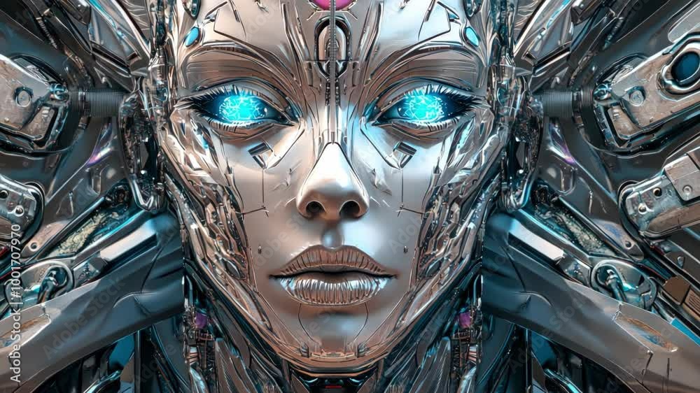 Futuristic robotic face with intricate metallic details and glowing eyes in the concept of cosmetology of the future