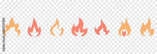 Set of vector fire icons png. Fire icon on isolated transparent background. Fire of different shapes in cartoon style.