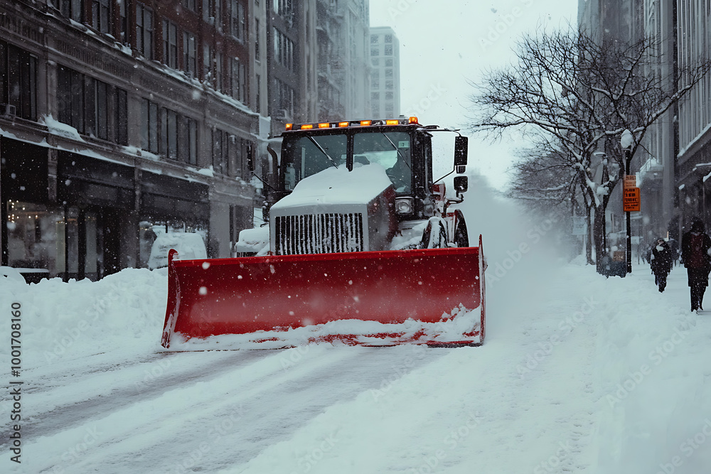 A snow plow clearing the streets, showcasing winter road maintenance and efficient snow removal. A snow plow clearing the streets, showcasing winter road maintenance and efficient snow removal.