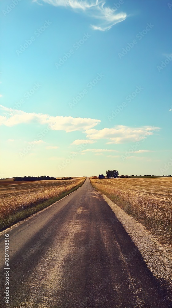 Fototapeta premium A deserted rural road stretching into the horizon, flanked by fields and a gentle breeze effect