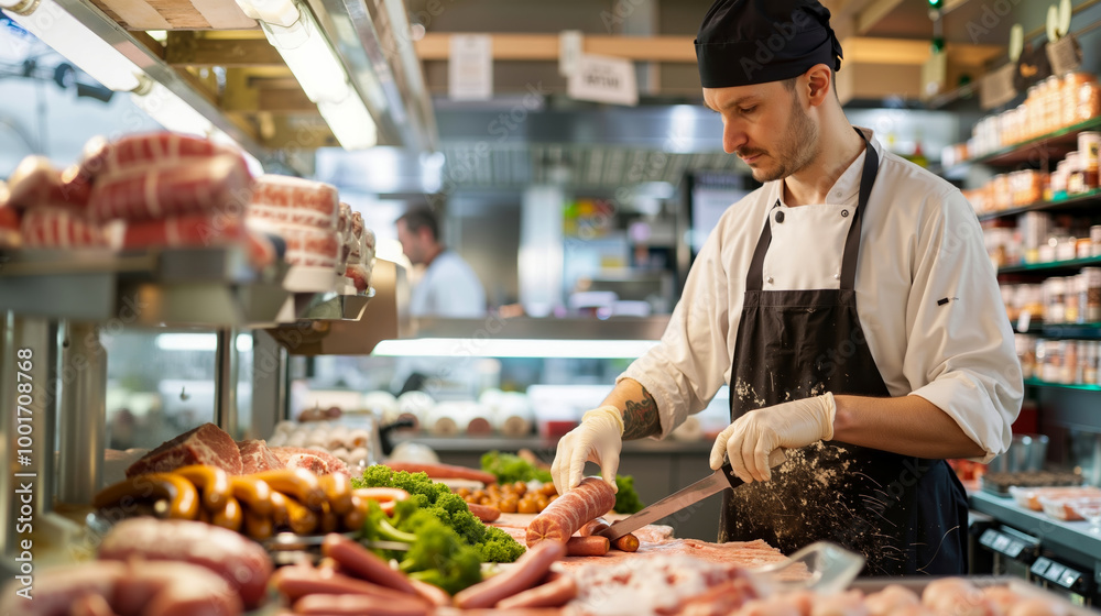 Obraz premium A man in an apron cutting meat with a knife in a butcher shop