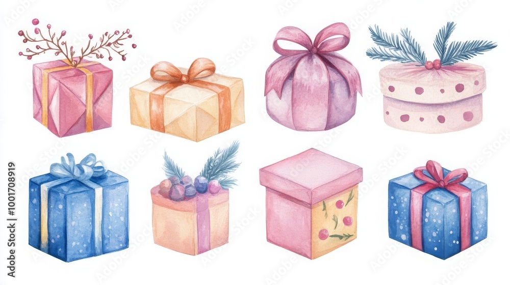 A set of watercolor gift boxes, each with a unique design. A set of watercolor gift boxes, each with a unique design.