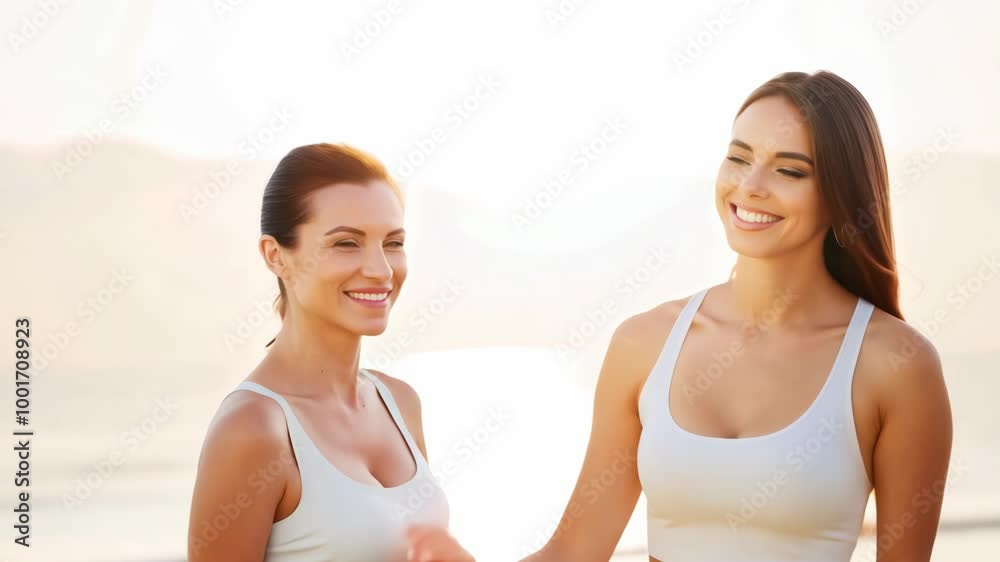 Two women in white tops smiling and enjoying the sunshine in nature. Concept of friendship and happiness. Two women in white tops smiling and enjoying the sunshine in nature. Concept of friendship and happiness.