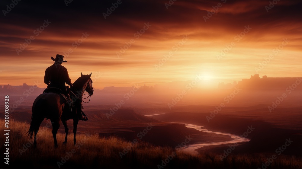 Silhouetted cowboy on horseback watching the sunset over a winding river landscape