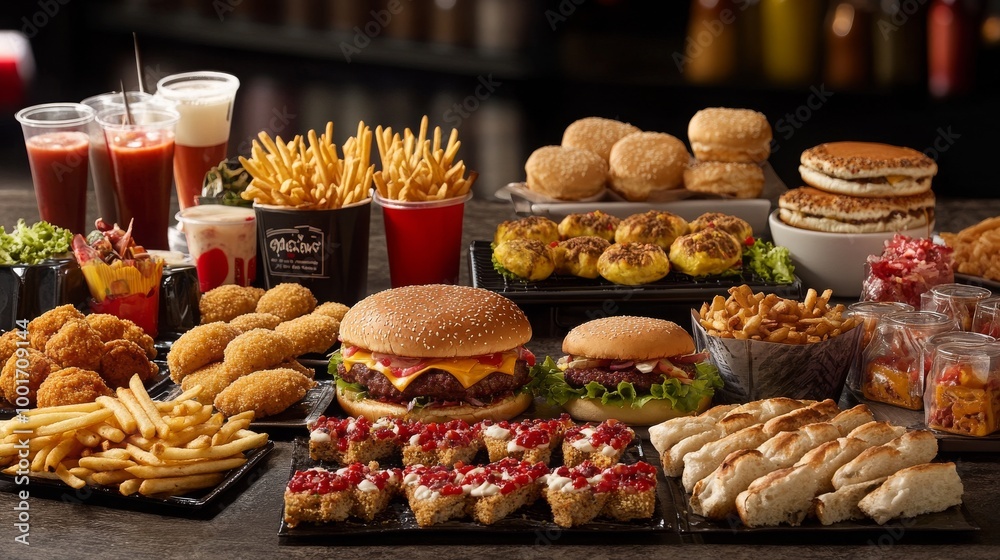 A variety of fast food displayed on a table, ready for a meal. - A variety of fast food displayed on a table, ready for a meal. -