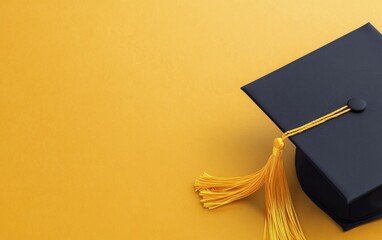 A black graduation cap with a yellow tassel on a vibrant yellow background