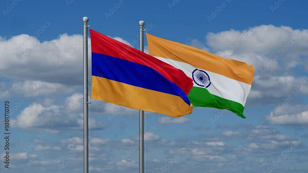 India and Armenia flags flying together, video concept of the relationship, two country relations concept India and Armenia flags flying together, video concept of the relationship, two country relations concept
