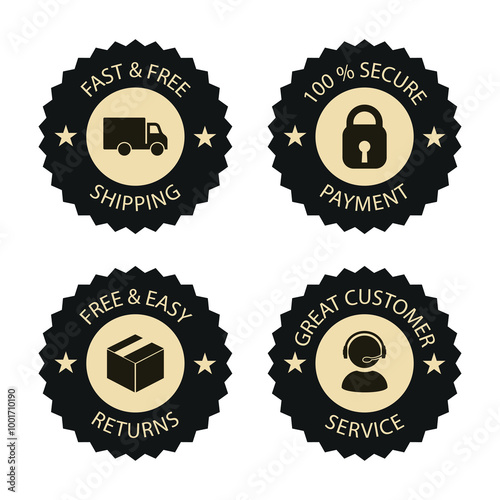 Set of four coffee brown "Service Guarantee" badges featuring icons for fast shipping, secure payment, easy returns, and excellent customer service. Perfect for e-commerce, marketing, and promotional 
