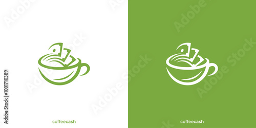 Coffee Cash Logo. Coffee Mug and Money with Minimalist Style. Coffee Business Logo, Icon, Symbol, Vector, Design Inspiration.