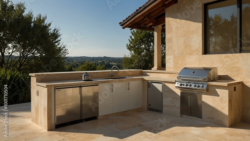 Minimalist white outdoor kitchen with BBQ and fridge on travertine flooring.