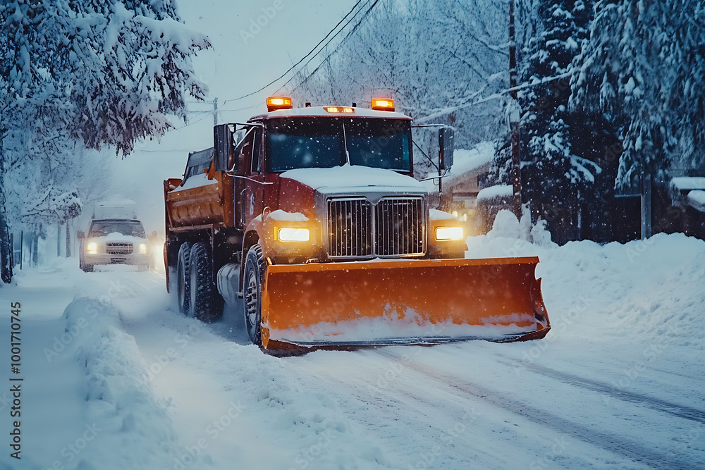 A snow plow clearing the streets, showcasing winter road maintenance and efficient snow removal. A snow plow clearing the streets, showcasing winter road maintenance and efficient snow removal.