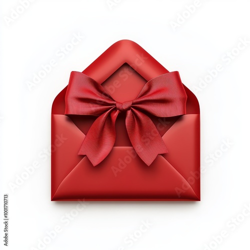 Gift card with red ribbon bow or gift voucher business card in open red envelope isolated on white grey background with shadow minimal concept 3D rendering