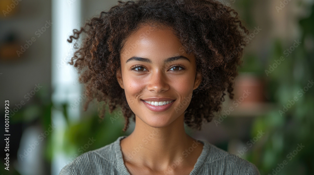 A young woman with curly hair smiles warmly while surrounded by indoor plants, creating a cheerful and inviting atmosphere A young woman with curly hair smiles warmly while surrounded by indoor plants, creating a cheerful and inviting atmosphere