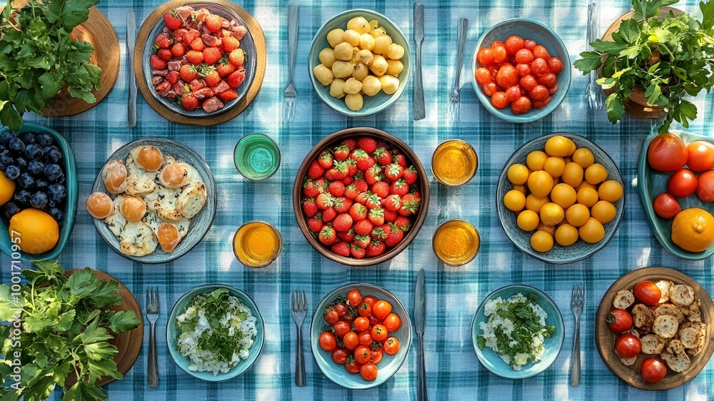 Picnic Table Full of Colorful Dishes, Fruit and Vegetables Picnic Table Full of Colorful Dishes, Fruit and Vegetables