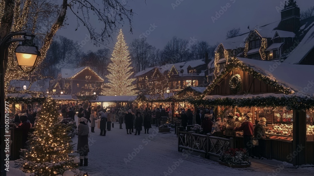 Fototapeta premium Enchanting holiday market filled with sparkling lights and joyful carolers celebrating christmas