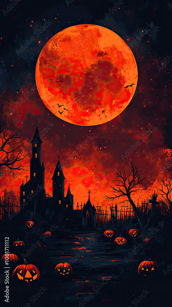 A dark, atmospheric setting shows a gothic castle under a blood-red moon with glowing pumpkins scattered around as twilight approaches A dark, atmospheric setting shows a gothic castle under a blood-red moon with glowing pumpkins scattered around as twilight approaches