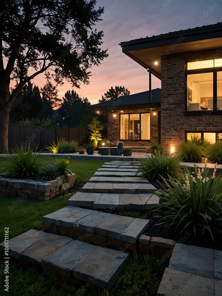 Modern brick house with a landscaped yard at dusk. Modern brick house with a landscaped yard at dusk.